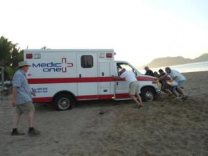 Ambulance stuck in sand at Melaque